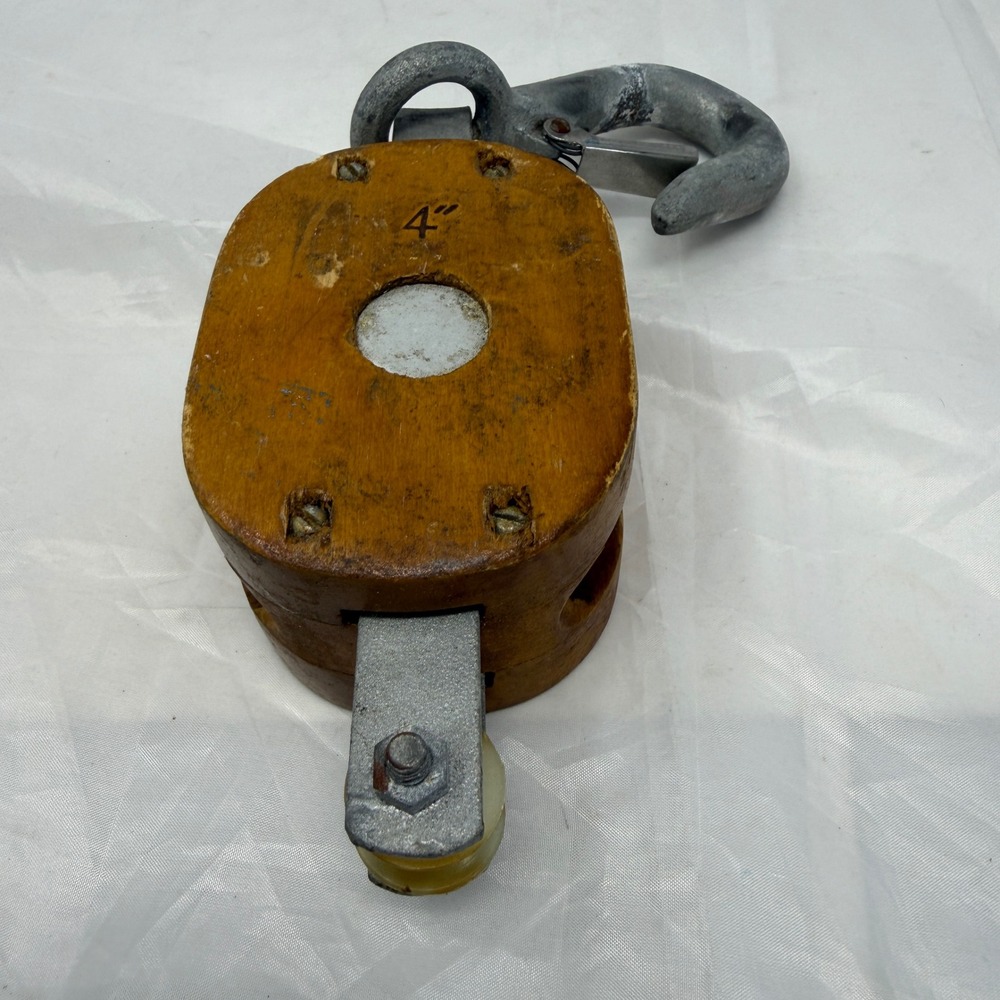 Vintage 4 Inch Wood Pulley Block Single Sheave Swivel Hook Nautical Industrial